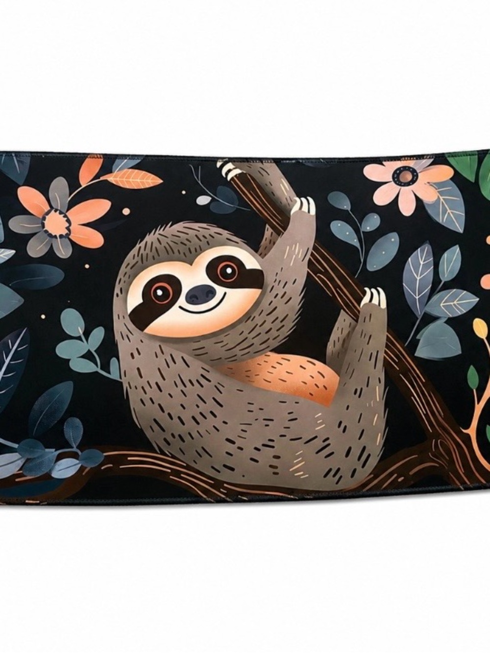 Smiling Sloth Floral Cosmetic Pouch - Black